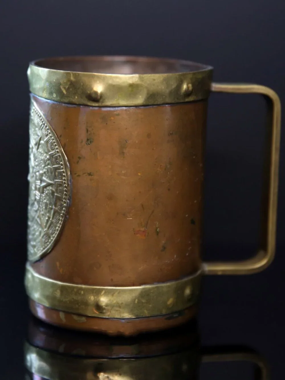 Vintage Brass Copper Mug with Mayan Calendar, Aztec Mexican Cup with Emblem